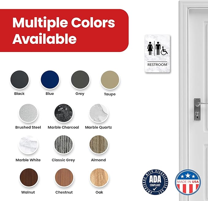 Promot All Gender Handicap Bathroom Sign – ADA Braille Restroom Sign for Business, Self-Adhesive, 9" x 6", Commercial Door Signage, Office Wall Decor - Marble White