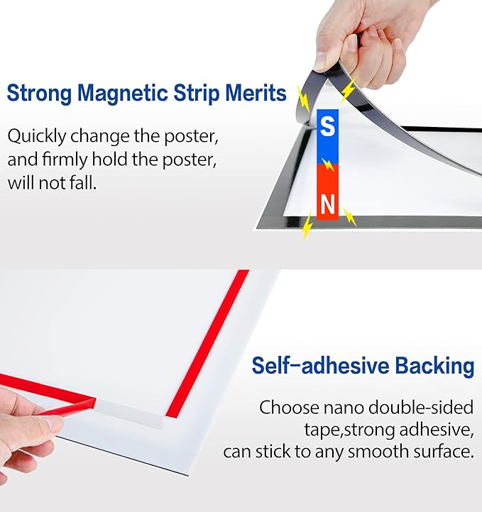 8.5" x 11" Acrylic Sign Holder Wall Mount, Self-Adhesive Magnetic Display Frame with Nano Tape and Strong Magnetic Border for Wall, Door, Glass, Home, Store, Office (Black, 3Pack)