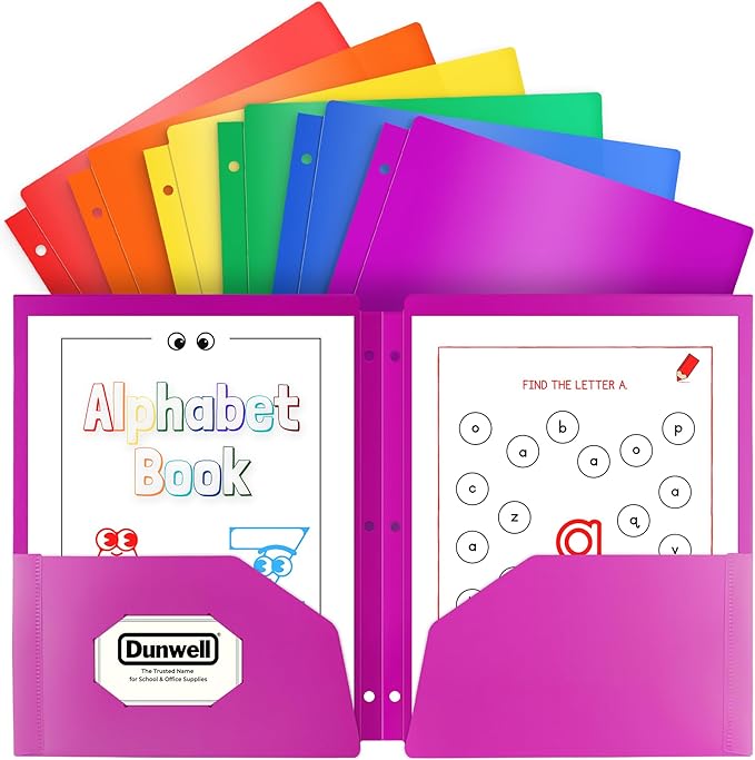 Dunwell Plastic 2-Pocket Folders for 3-Ring Binders, (6 Pack, Assorted Colors) 3 Hole Punched, Divider Folder for Notebook, Durable Poly, Fits 8.5x11 Sheets, Includes Labels
