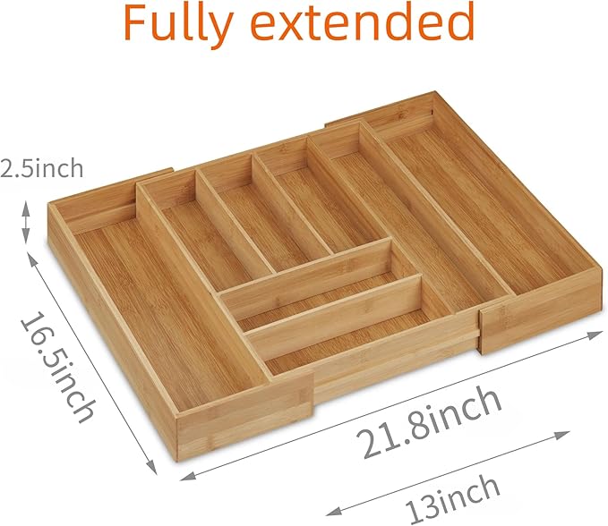 Bamboo Drawer Organizer - Expandable Kitchen Utensil Holder, Adjustable Silverware Drawer Organization, Kitchen Wooden Tray for Cutlery, Flatware & Stationery, 6-8 Slots (Natural)