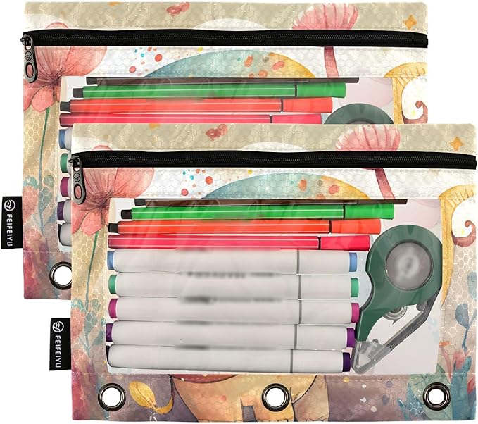 ZAZYXTJ Personalized Cute Elephant Binder Pencil Pouchs 3 Ring with Zipper Clear Window Office Organizers bag for School Students Teacher Supplies 2 Pack