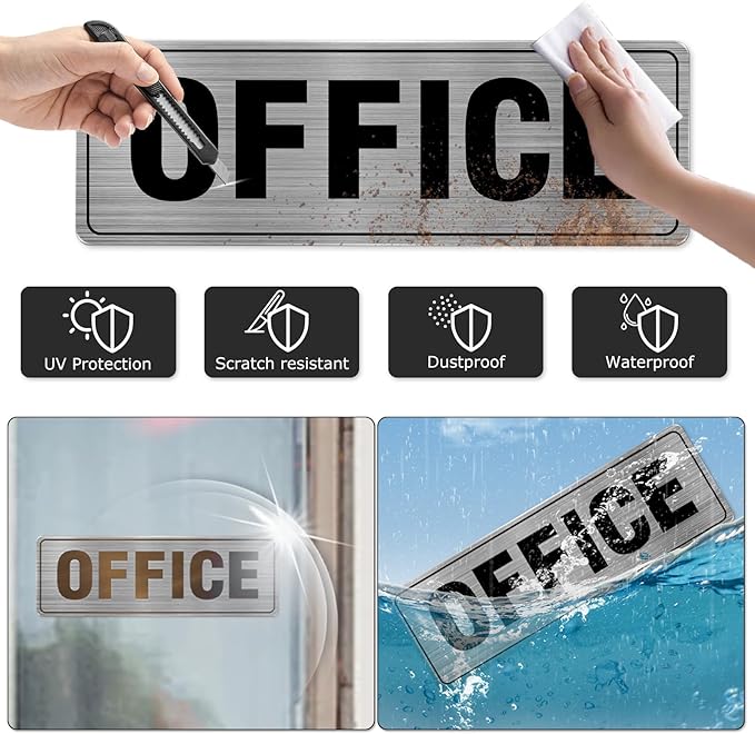 Office Sign Aluminum Silver 9 x 3 Inches Self-Adhesive Waterproof Metal Door Wall Sign for Business Offices 4 Pack