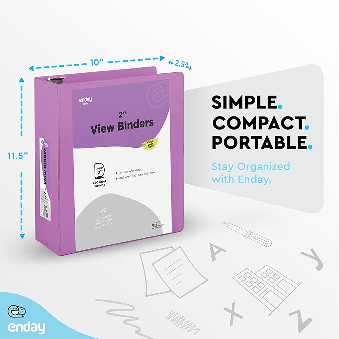 3 Slant D-Ring Binder 2 Inch Binder Purple, 2 in Clear View Cover w/ 2 Inside Pockets, Heavy Duty Colored School Supplies Binders Also Available in Blue, Pink, Red, Green, Grey (12 PC)–by Enday