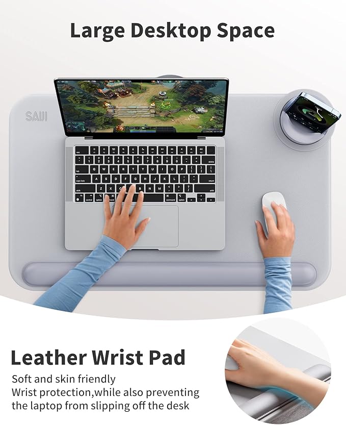 SAIJI Laptop Lap Desk for Bed—Fits Up to 17" Laptops & MacBook,Lightweight Tray Table with Soft Leather Wrist Pad,Sturdy Phone/Tablet Holder, Laptop Stand with Cushion for Home Office/Gaming On Couch