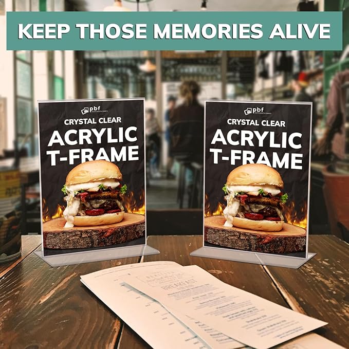 pbf 8.5x11 Acrylic Picture Frame Display Stand | 8.5 x 11 Vertical Clear Acrylic Sign Holder | T-Style Photo Frame for Table Sign, Tabletop Wedding Sign, Menu, QR Code (6-Pack)