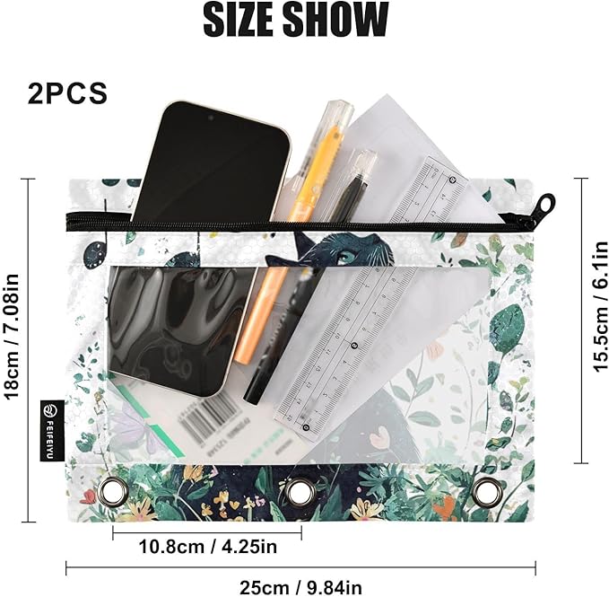 ZAZYXTJ Cat Binder Pencil Pouchs 3 Ring with Zipper Clear Window Office Organizers bag for School Students Teacher Supplies 2 Pack