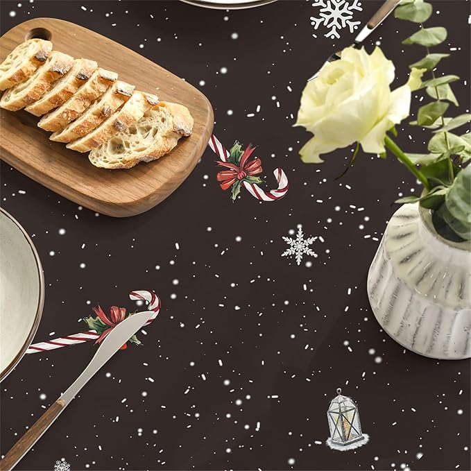 Horaldaily Christmas Tablecloth 60×84 Inch Oval, Winter Snowman House Christmas Trees Black Washable Table Cover for Party Picnic Dinner Decor