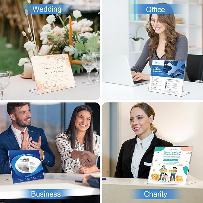 EHWINE 6 Pack 8.5 x 11 Acrylic Sign Holder Horizontal, Clear Plastic Signs Display Stand, Slanted Back Paper Holder Stand up Table Top Sign Holders Flyer Stand Frames for Office Business Store