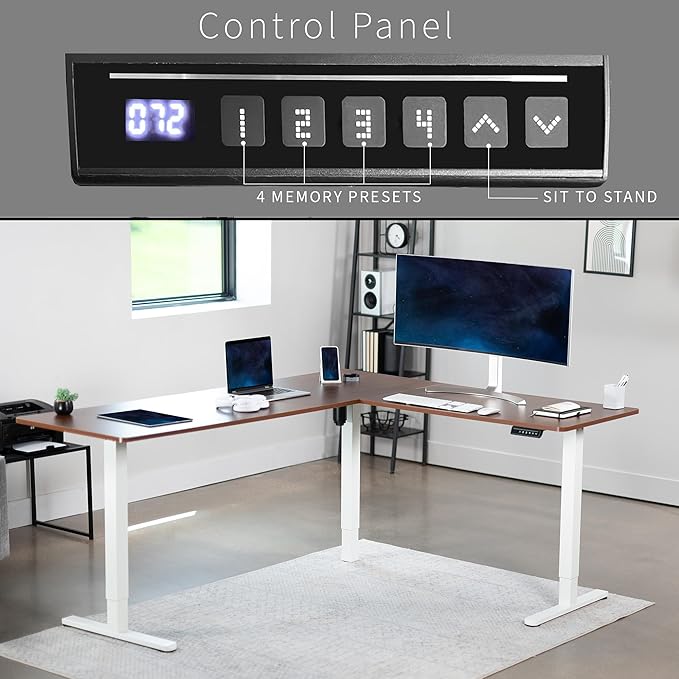 VIVO Electric Corner L-Shaped 75 x 63 in Standing Desk, Memory Height Adjustment, Dark Walnut Top White Frame, DESK-E3CTWD-75