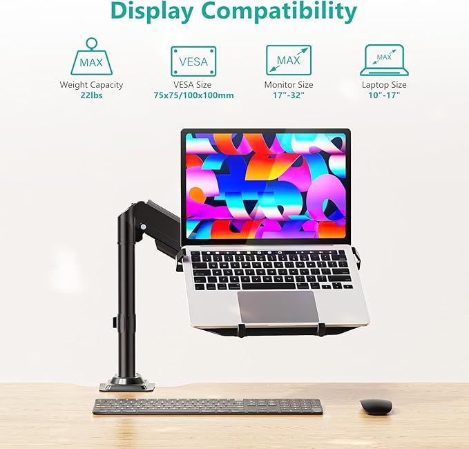 WALI Laptop Tray Desk Mount, Laptop Arm Mount Fits 10-15.6 Inch Notebook, 2-in-1 Gas Spring Monitor Arm for 17-32 Inch Computer Screen, Holds up to 22lbs(GSDM00LP), Black