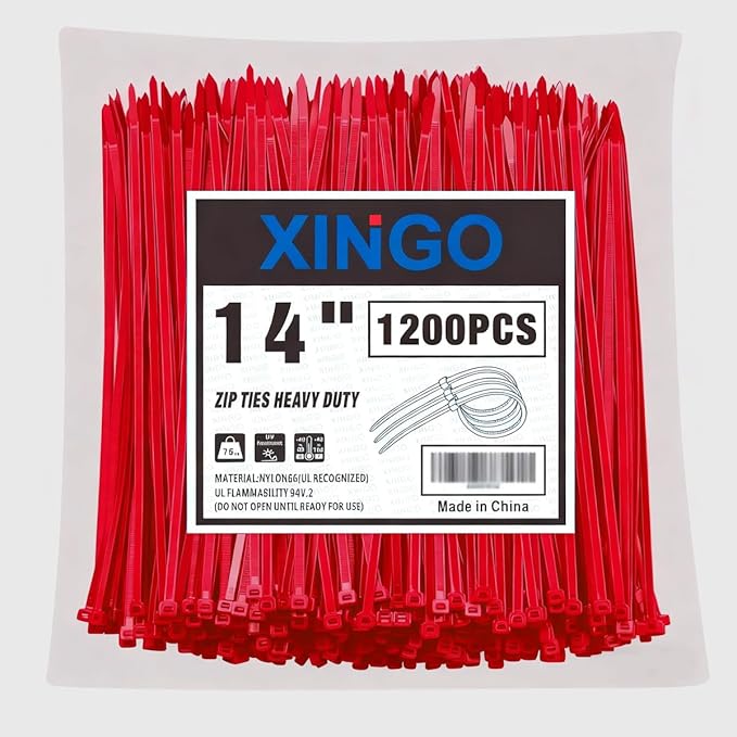 XINGO 14 Inch Red Zip Ties 1200 PCS, 75 LBS Ultra Strong Tensile Strength, UV Resistant Cable Ties, Self-locking Plastic Ties for Indoor and Outdoor Use