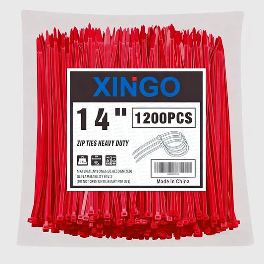 XINGO 14 Inch Red Zip Ties 1200 PCS, 75 LBS Ultra Strong Tensile Strength, UV Resistant Cable Ties, Self-locking Plastic Ties for Indoor and Outdoor Use