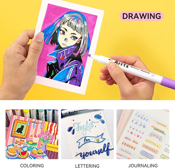 Arrtx 120 Colors Markers Paint Pens, Acrylic Paint Pens for Artists Adults Coloring Drawing Cartoon Anime Comic - Brush Tip for Rock Painting, Wood, Canvas, DIY Crafts Making Art Supplies