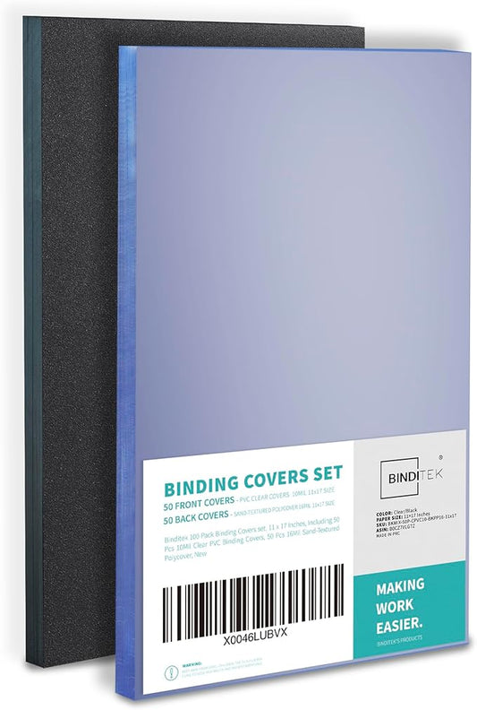 Binditek 100 Pack Binding Covers and Backs Set, 11 x 17 Inches, 50 Clear PVC (10Mil), 50 Sand-Textured Polycovers (16Mil), Tabloid Size
