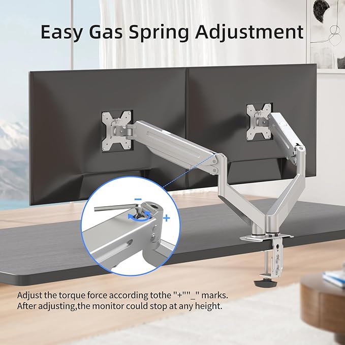 Suptek Dual Monitor Mount Stand-Height Adjustable Gas Spring Monitor Arm Desk Mount for 2 Computer Screens 17 to 27 inches - Each Arm Holds up to 13.2lbs,Silver(MD8SPS)