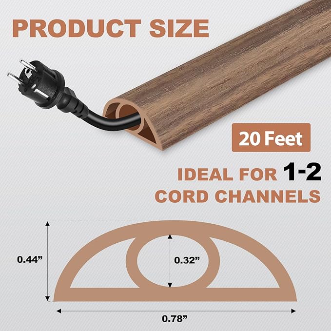 Floor Cord Cover for Wires on Floor Self Adhesive Cord Hider Floor Cable Management Wire Covers for Cords Protector Prevent Cable Trips Cord Cavity W 0.32" x H 0.32", Misty Brown Wood, 20Ft