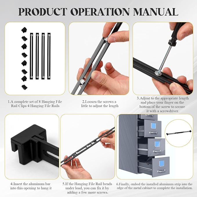 12 Pcs Metal Adjustable File Cabinet Rails Set Include 8 Hanging File Rail Clips 4 Cabinet Dividers Bars Suitable for Cabinets with Drawer Thickness Less Than 1/8 Inch(Black,10-18 Inch)