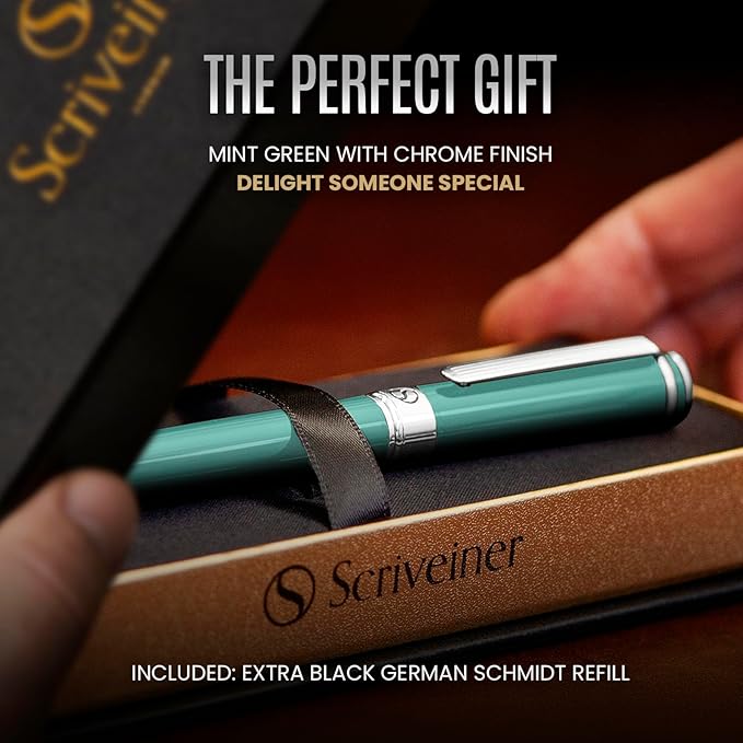 Scriveiner Mint Green Rollerball Pen - Stunning Luxury Pen With Chrome Finish, Schmidt Ink Refill, Best Roller Ball Gift Set for Men & Women, Professional, Executive Office, Nice Pens