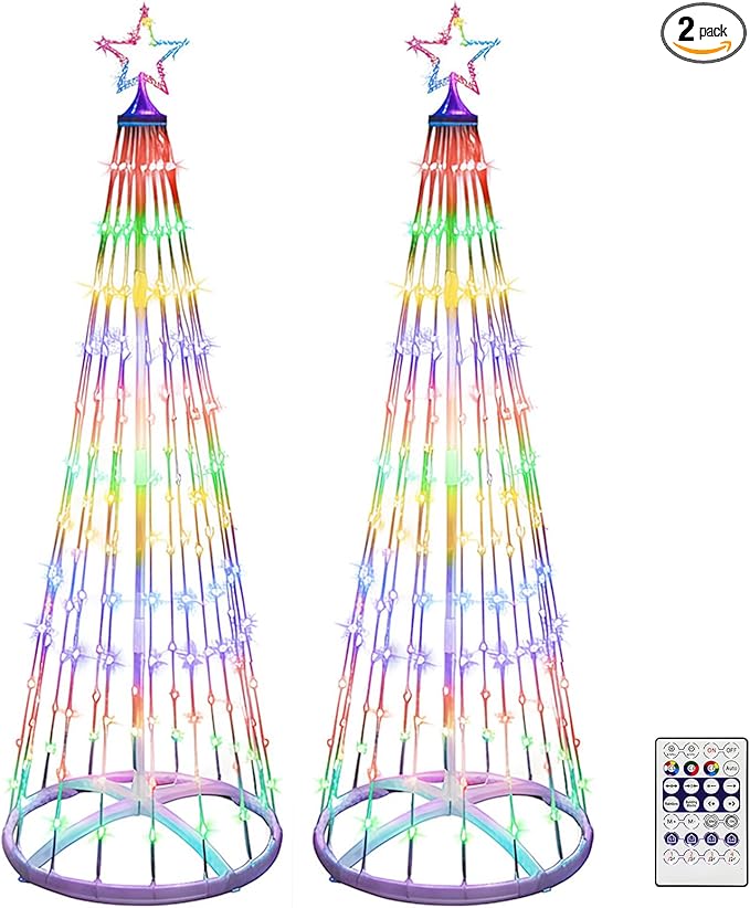 2 Pack 6FT Christmas LED Cone Tree Lights 24 Modes Color Changing with Timer Foldable Lighted Trees Waterproof Outdoor String Lights Holiday Decor for Christmas New Year Xmas Decorations