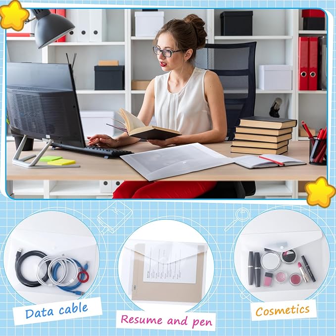 100 Pcs Clear Envelopes with Snap Button Closure Bulk A4 Letter Size Clear Plastic Envelope Folder Document Organizer File Folders for Office Home (Milky)