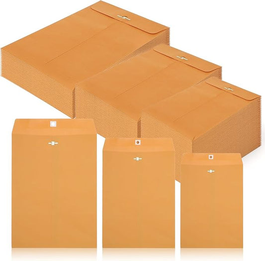 SHENLIU 100Pcs Clasp Envelopes, 3 Sizes Brown Paper Envelopes with Clasp Closure Yellow Manilla Folders for Home, Office, Business, Legal for Filing Storing Mailing Documents (9x12", 6x9", 5x7")