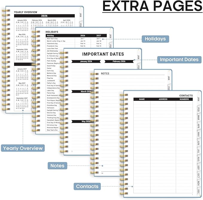 2026 Planner, Weekly and Monthly Calendar Planner, January 2026 - December 2026, Hardcover 2026 Calendar Planner Book with Tabs For Women & Men, Inner Pocket, Spiral Bound, Perfect for Office Home School Supplies - A5 (6.3" x 8.5"), Blue