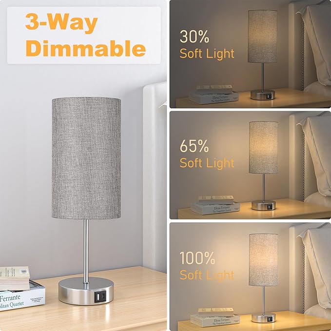 AKASUKI Table Lamp for Bedroom, 3 Way Dimmable Touch Lamp with Dual Charging Station, Small Bedside Lamps for Night Stands, Living Room, Office(LED Bulb Included)