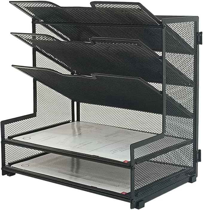5 Tier Metal Mesh Desk Organizer, Office Desktop File Organizer, Paper Tray Organizer for Home Office Furniture, Black