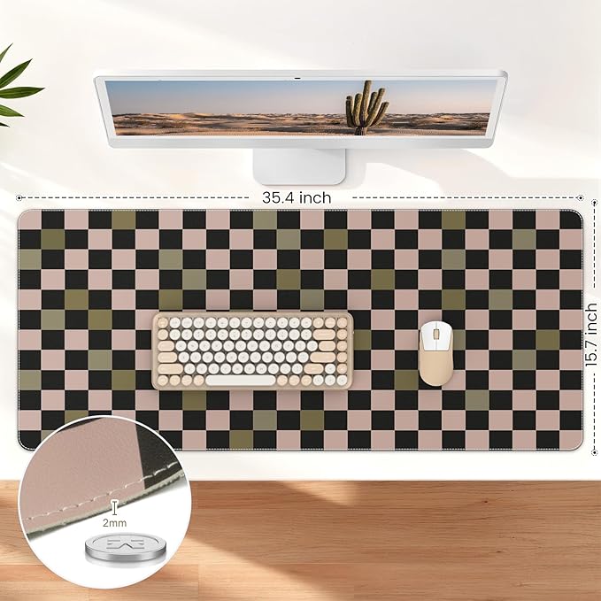 HAOCOO Checkered Desk Mat, Non-Slip Mouse Pads for Desk, Waterproof Desk Matt for Desktop, Stitched Edge Leather Desk Pad, 35.4" x 15.7" Keyboard and Mouse Pad, Non-Slip Desk Protector Work from Home