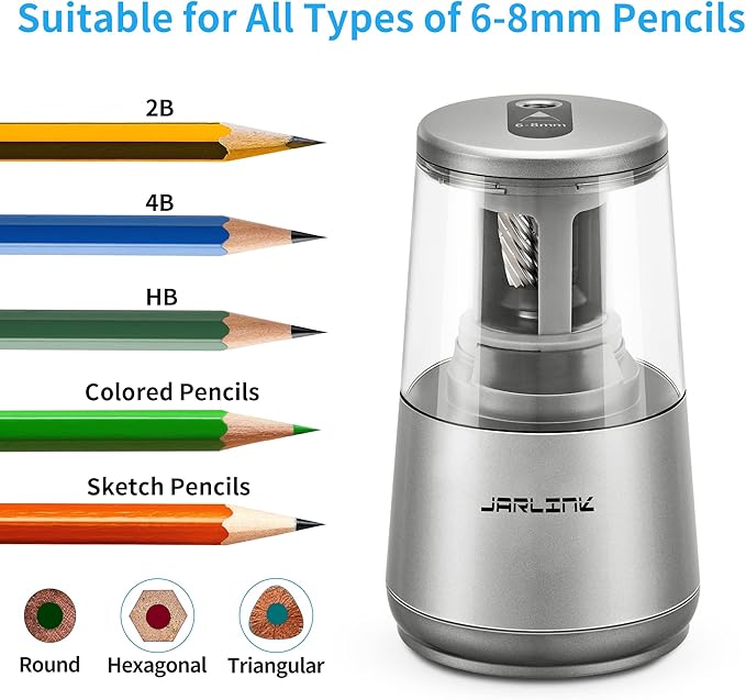 JARLINK Electric Pencil Sharpener, Heavy-Duty Helical Blade to Fast Sharpen, Auto Stop for No.2/Colored Pencils(6-8mm), AC Adapter/Battery Operated in School Classroom/Office/Home (Gray)