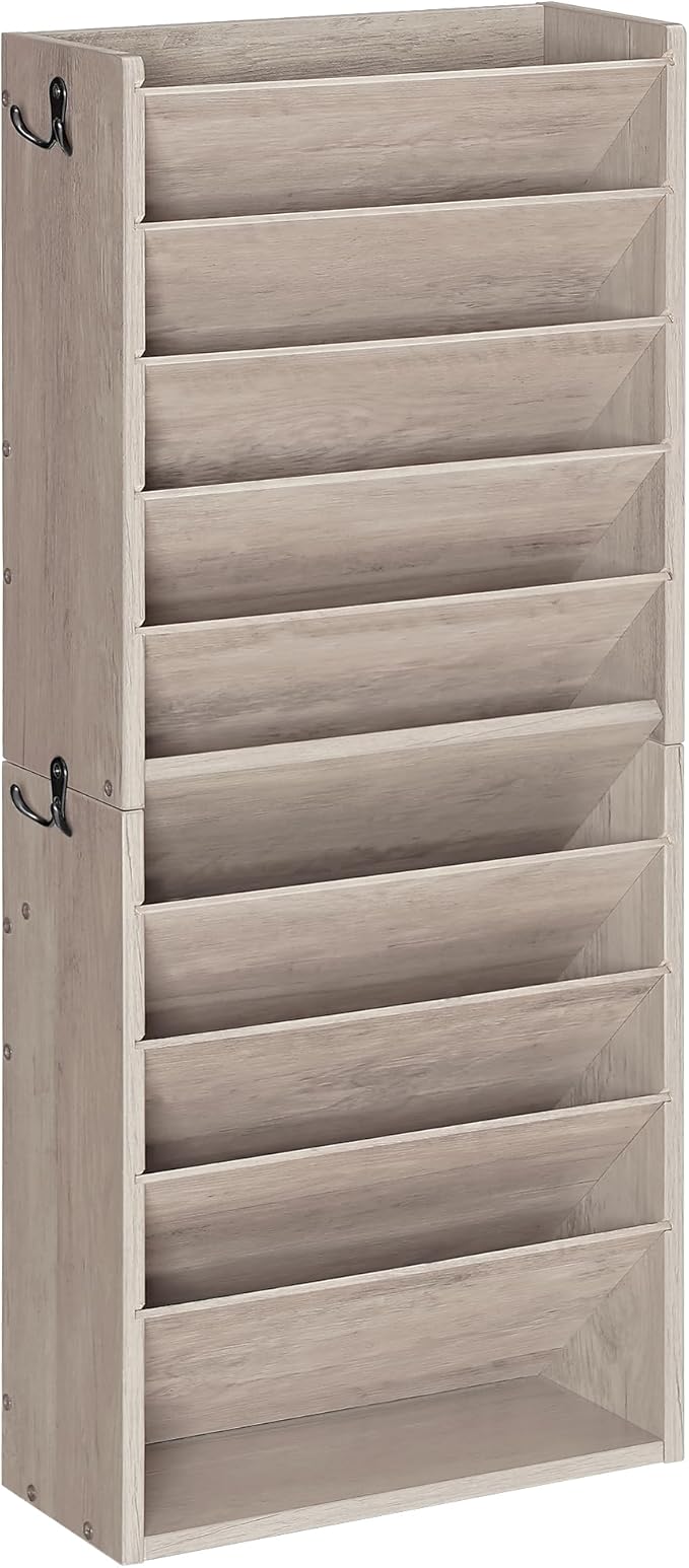 Wall File Organizer, 10-Tier Hanging Mail Organizer, Wall Mount File Holder with 4 Side Hooks, Industrial Mail and Storage Organizer, Wooden Vertical Hanging Holder for Office, Greige MWJ03FH
