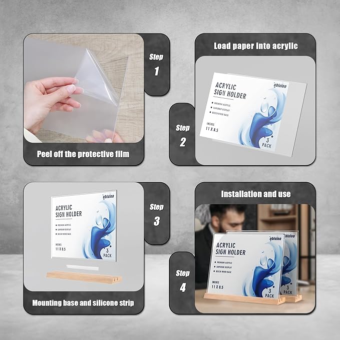 11 x 8.5Horizontal Acrylic Sign Holder with Combined L and T-Shaped Wood Base,High transparency table card stand for Ads, Menu, Picture,Welcome sign or other Flyer(3 packs)