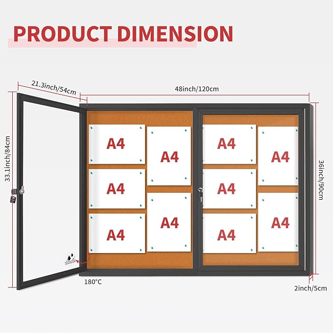Enclosed Bulletin Board Lockable,Double-Door Weatherproof Outdoor Noticeboard with Locking Door, Wall-Mounted Aluminum Framed Presentation Board, 44x32 Inch (8xA4)