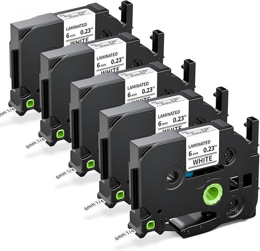 Labelife TZe-211 Label Maker Tape 6mm Compatible with Brother P Touch Label TZe TZ Tape 6mm 0.23 Laminated White 1/4 Inch TZe211 for Ptouch PTD210 PTD220 PTH110 PTD400 PTD600, 5-Pack