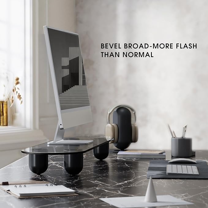 Fenge Monitor Stand Riser, 34 Inch Dual Monitor Riser for Large Monitors, Desk Organizer with Glass Shelf & Solid Wood Legs, Computer Stand for Laptop, TV, PC, Printer, Black