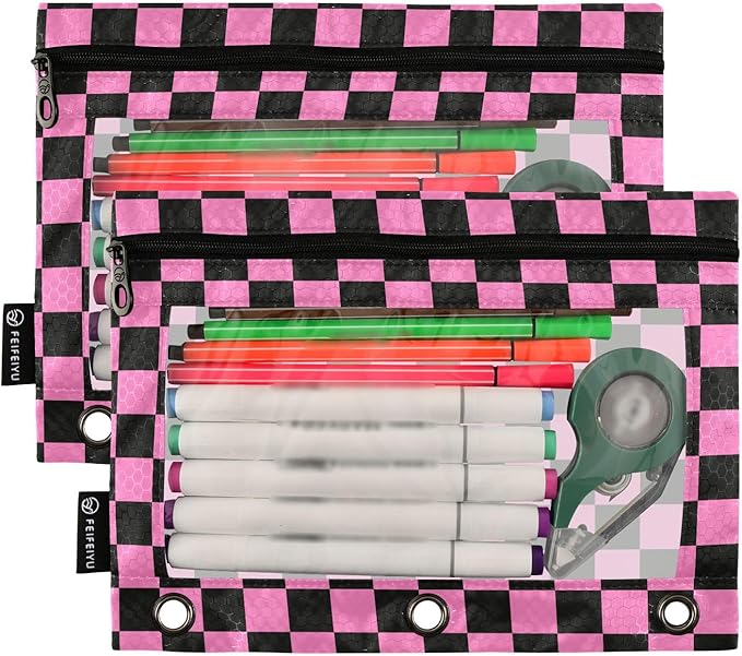 Checkerboard Pink Black Squares Pencil Pouch for 3 Ring Binder, 2 Pack Waterproof Pencil Bags Clear Window Zipper School Office Supplies