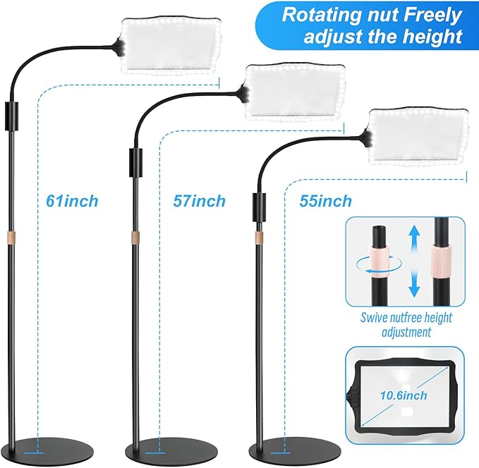 10X Magnifying Glass, with Light and Stand, 3 Light Modes Rechargeable Floor Magnifying,Suitable for Reading, Sewing, Crafts, DIY, Embroidery, Close Work. Magnifiers for Seniors