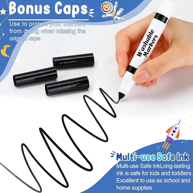 Janlaugh 60 Pcs Black Washable Markers Bulk Coloring Broad Line Markers for Kids Conical Tip Black Drawing Pens for Classroom Back to School Travel Art Baby Shower Gender Reveal Supplies, Ages 6+