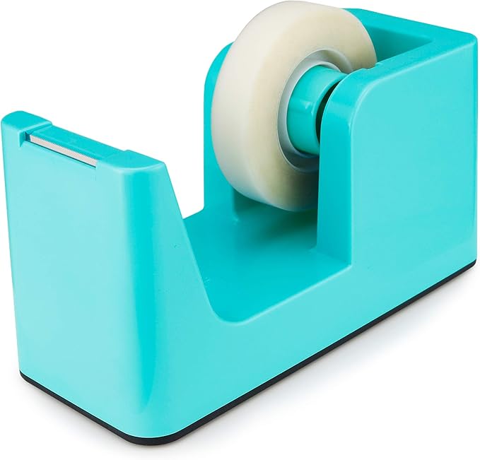 ABEL SimpleWork Desktop Tape Dispenser, Aqua, 1 in Core, Non-Skid Weighted Base, Tape Cutter for Office, Home, School, and Crafts