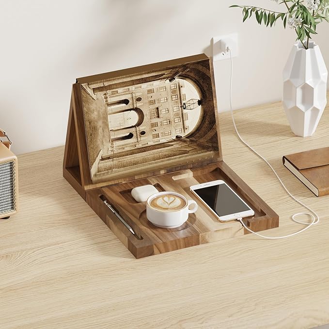 Wooden Triangle Book Stand Holder for Page Rest, Acacia Foldable Nook Reading Valet with Cup,Pen, Glasses and Phone Holder for Bedroom Nightstand Office,Book Lover Gifts for Readers (Acacia)