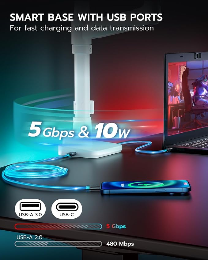 Vertical Dual Monitor Mount for 17-49 Inch Ultrawide Heavy Duty Curved Screen Stacking, Computer Monitor Arm Desk Mount with USB, Gas Spring Adjustable Vesa Stand, White