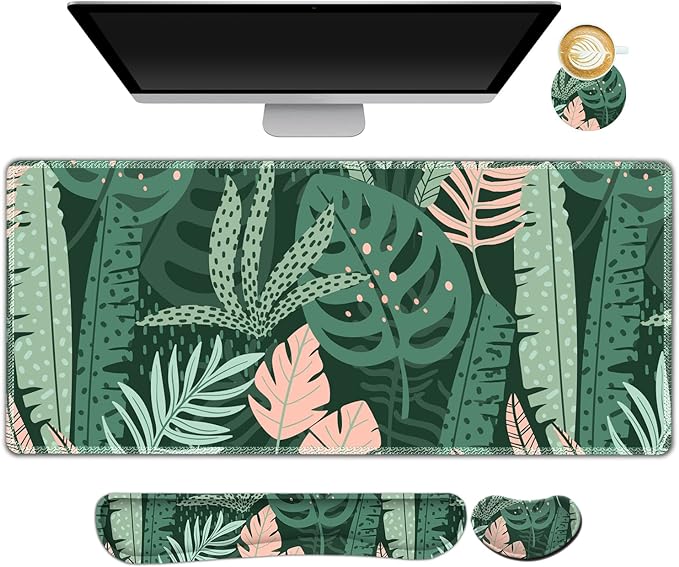 AIMSA Large Gaming Mouse Pad Set, Keyboard Wrist Rest Support Mouse Pad, Ergonomic Memory Foam Multifunctional Extended Desk Mat 35x15.7in Anti-Slip Rubber Base for Office Home, Pink Green Leaves