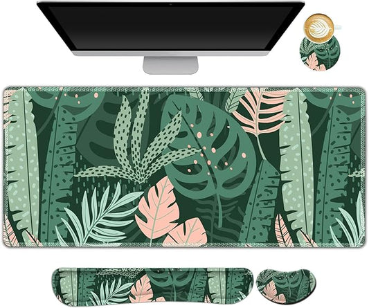 AIMSA Large Gaming Mouse Pad Set, Keyboard Wrist Rest Support Mouse Pad, Ergonomic Memory Foam Multifunctional Extended Desk Mat 35x15.7in Anti-Slip Rubber Base for Office Home, Pink Green Leaves