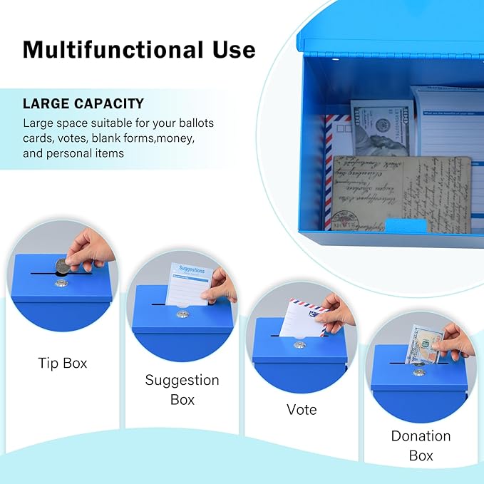 xydled Wall Mounted Ballot & Donation Box with 50 Suggestion Cards, Metal Suggestion Collection Box with Key Lock, Blue, 8.7"x 5.9"x7.1"