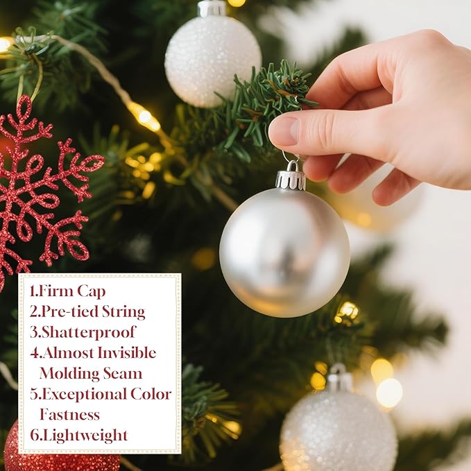 Christmas Tree Decorations Ornament Set, 60ct 2.36 Inches Red and White Shatterproof Christmas Ball Ornaments, Hanging Ball for Xmas Holiday Wedding Party Decor