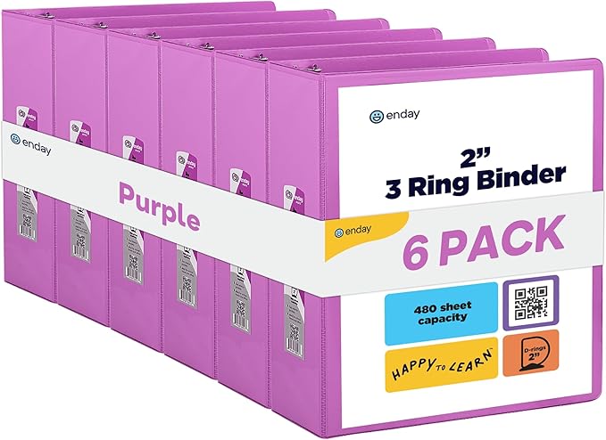 3 Slant D-Ring Binder 2 Inch Binder Purple, 2 in Clear View Cover w/ 2 Inside Pockets, Heavy Duty Colored School Supplies Binders Also Available in Blue, Pink, Red, Green, Grey (6 PC)–by Enday