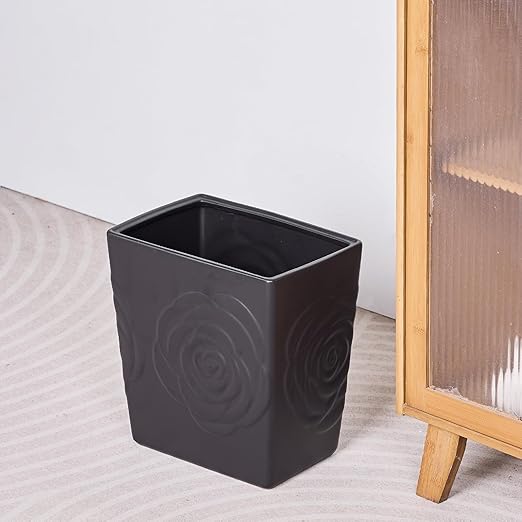 Black Ceramic Rose Small Bathroom Trash Can 2.5 Gal (9 Liter), Heavy Small Kitchen Garbage Bin, Living Room Bedroom Corner Trash Can, Decorative Wastebasket for Outdoor Garden, Home Office,Hotel Motel