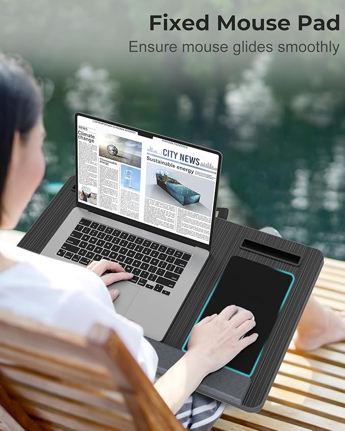 Lap Desk - Up to 17” Laptop Tray with Wrist Rest, Portable Handle, Fixed Mouse Pad, Tablet & Phone Slots, Laptop Stand for Bed with Cushion (Black)