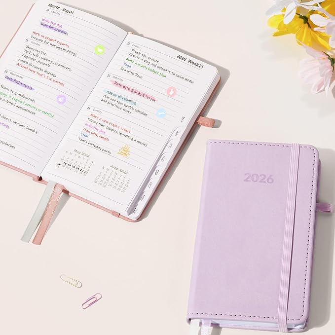Forvencer Pocket Planner 2026, Weekly Monthly Planners with Month Tabs for Purse, 3.5" x 6", Jan 2026-Dec 2026, Cute Small Daily Academic Calendar, Elastic Band, Hardcover Agenda for Women, Teacher
