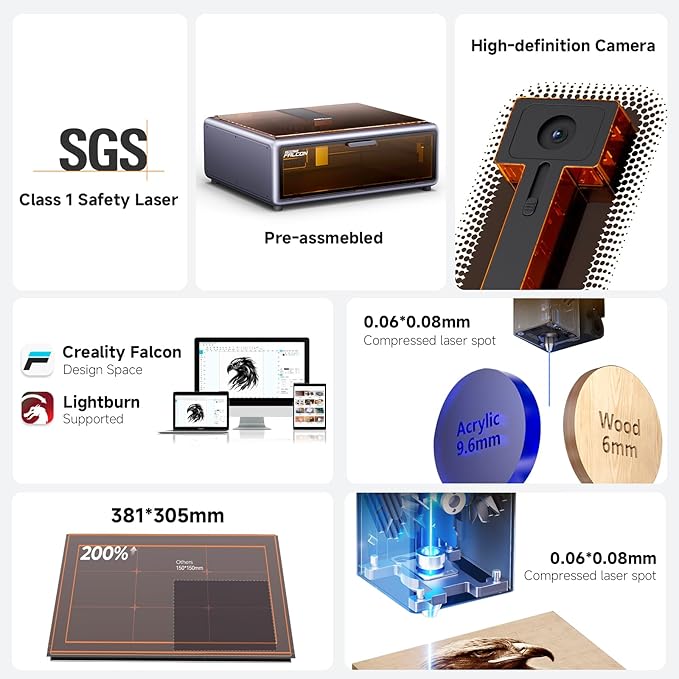 Creality Falcon A1 10W Laser Engraver, Enclosed Laser Cutter with Air Assist, HD Camera Positioning, Beginner-Friendly, Class 1 Safety Laser Engraving Machine for Wood and Metal, Acrylic